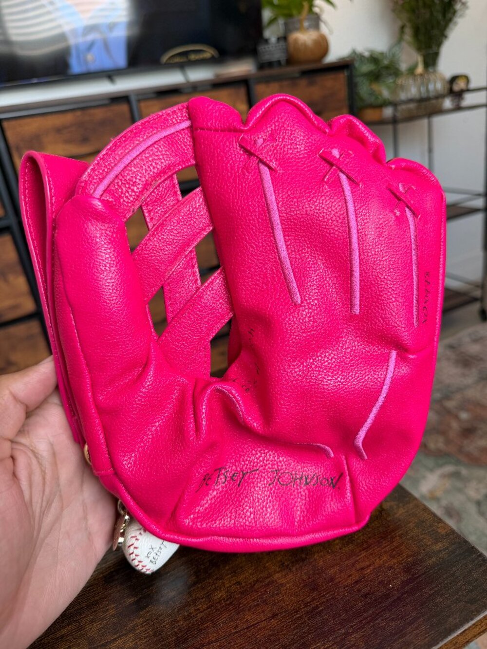 Betsey Johnson Batter Up Pink Baseball Glove Wristlet Bag